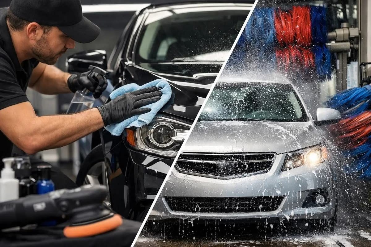 Detailer hand-drying a black car next to a car being pressure washed
