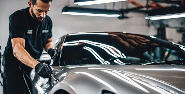 Technician applying ceramic coating to a silver sports car