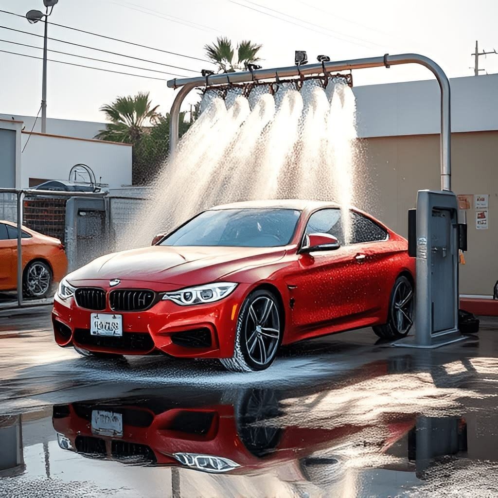 Red sports car under the spray arches of an exterior wash