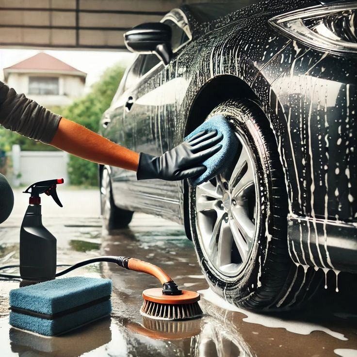 Red sports car under the spray arches of an exterior wash